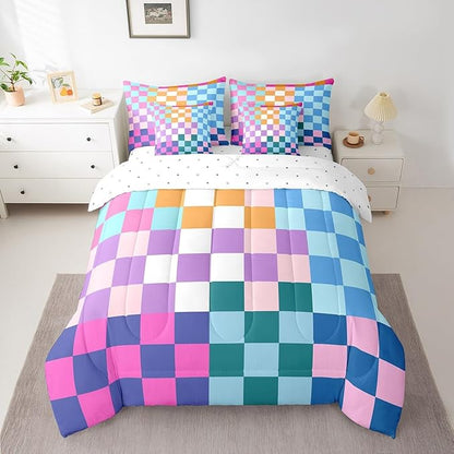 Feelyou Multicolored Checkered Retro Bedding Sets Kids Boys Girls Geometric Vintage Comforter Bed in a Bag Queen Size Rainbow Colorful Bed Duvet Insert Modern Groovy Aesthetic Room Decor