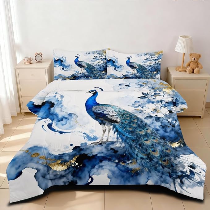 Peacock Comforter Set Queen 3 Pieces Blue Floral Bird Bedding Set for Teens Elegant Comforter with 2 Pillowcase, Super Soft Microfiber All Season