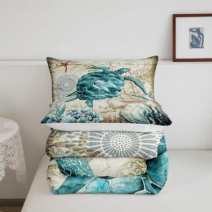 Erosebridal Turtle Bedding Teal Turtle Comforter Set Turquoise Ocean Themed Mediterranean Style Printed Design Ocean Turtle Down Comforter Quilted Duvet Set Full Size 1 Comforter 2 Pillowcases