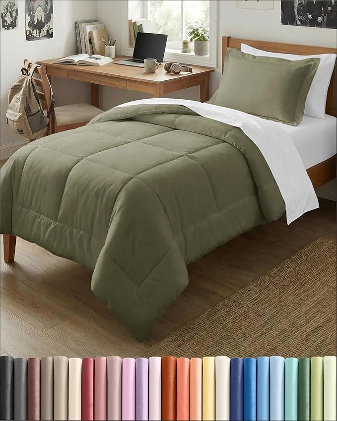 Twin XL Comforter Set - 2 Piece Bed Set for All Seasons - 1 Soft Quilted Comforter w/ Corner Tabs & 1 Pillow Sham - Comfy & Breathable - Premium Down Duvet Insert - Oeko-TEX - Twin XL Size, Sage Green