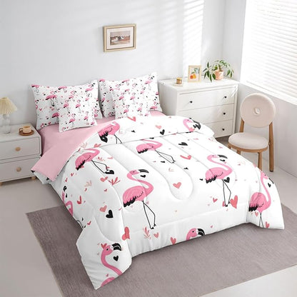 Erosebridal Kids Girls Bowknot Bow Flamingo 7 Piece Bedding Set Twin | Black Pink Y2K Comforter Set with Sheets Kawaii Cute Bed in A Bag Love Hearts Bed Sets