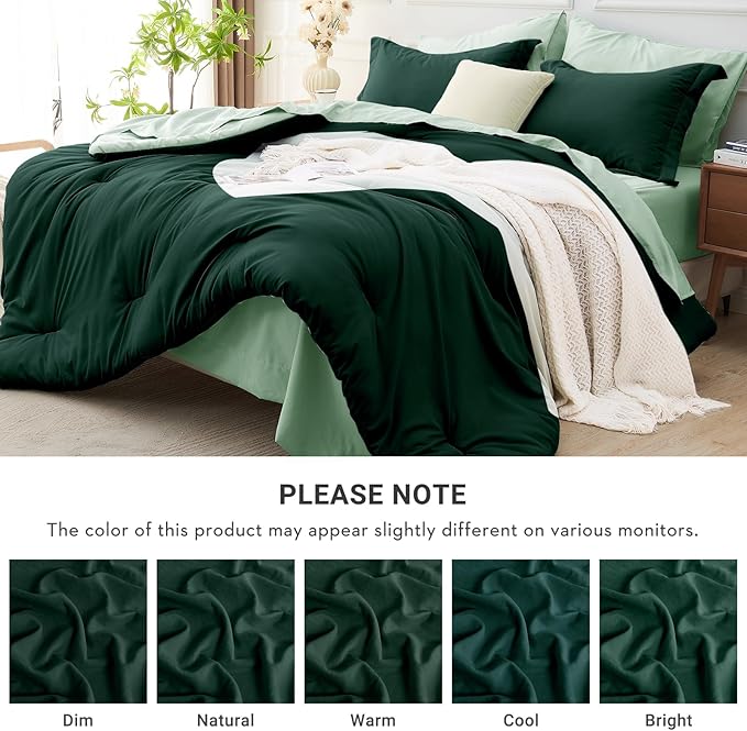 MUXHOMO 7 Pieces King Comforter Set, Soft Bed in a Bag King Size, All Season Bedding Set with Comforter, Flat Sheet, Fitted Sheet, Pillowcases & Shams, Forest Green & Sage Green
