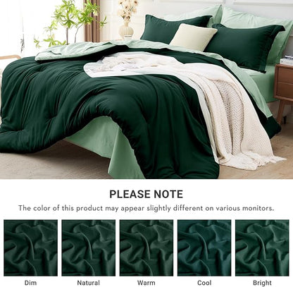 MUXHOMO 7 Pieces Queen Comforter Set, Soft Bed in a Bag Queen Size, All Season Bedding Set with Comforter, Flat Sheet, Fitted Sheet, Pillowcases & Shams, Forest Green & Sage Green