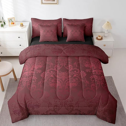 Erosebridal Gothic Damask Bed in a Bag King Size Comforter Set 7 Pieces,Exotic Moth Bedding Sets Red Victorian Floral Goth Sheet Set with Comforter