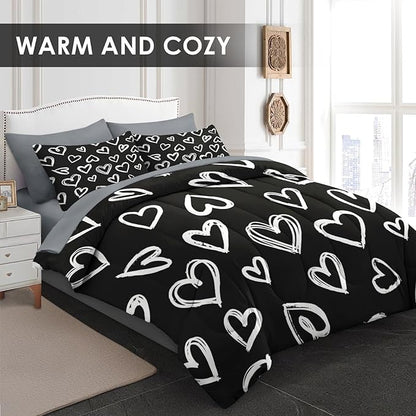 Comforter Set King Size, Love Cute 7 Pcs Bedding for Kids and Adults, Polka Heart White Bed Sheet Sets with Fitted Sheet 2 Pillowcases & 2 Shams for Bedroom Bed Decor