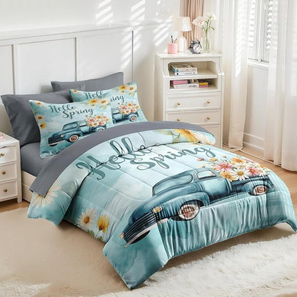Nesker 5 Pcs Spring Comforter Set Twin Size, Truck Flowers Farmhouse Bedding Set for Kids and Adults, Blue Daisy Bed Sheet Sets with Fitted Sheet Pillowcase & Sham