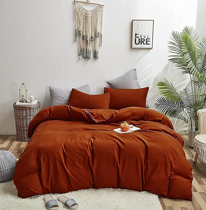 KAREVER Rust Comforter Sets Full Size Burnt Orange Bedding Set Reddish Caramel Color Terracotta Bed Set 3 Pieces Women Lightweight Solid Burnt Orange Color Blanket Rust Quilts Set Breathable Comforter