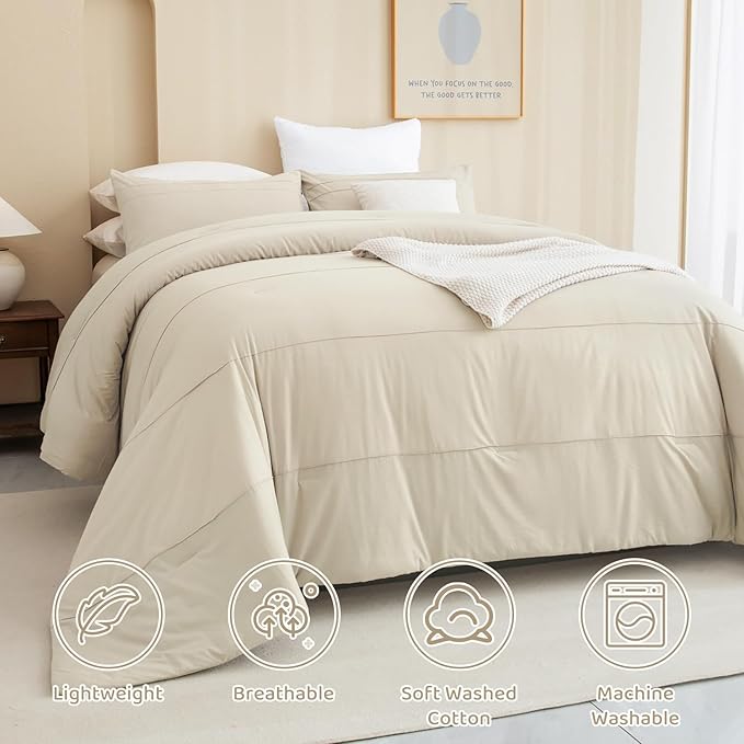Sanracie Oversized King Comforter 128 * 120, Cotton Comforter King Size Extra Large Pinch Pleat Stripe Pattern,Solid Color Wheat Bedding Comforter Set Linen Feel Textured 3pcs Soft Neutral Bedding