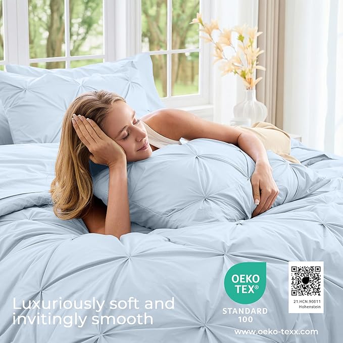 Sasttie King Size Comforter Set, 7-Piece Bed in a Bag, Pintuck Bedding Sets for All Season, Includes Comforter, Flat Sheet, Fitted Sheet, Pillowcases and Pillowshams, Light Blue