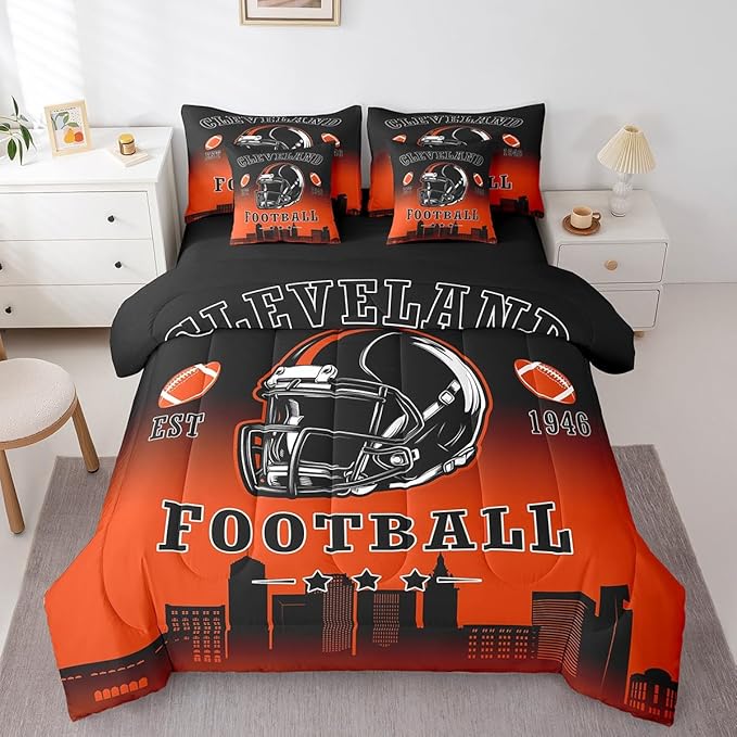 Erosebridal Football City Bed in A Bag Sports Rugby 7 Piece Bedding Set Black Orange Ombre Football Comforter Set with Sheets Full Size for Kids Boys Teen Adults,Ball Sports Games Bed Set