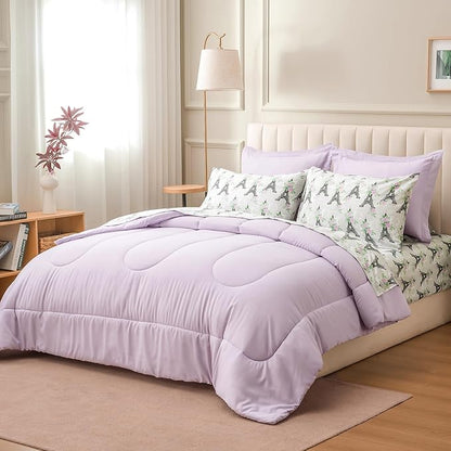 ARTALL King Bed in a Bag 7 Pieces, Light Purple Solid Comforter with Eiffel Tower Floral Sheet Set, French Chic Style Soft Bedding Sets with Comforter, Sheets, Pillowcases & Shams for All Seasons