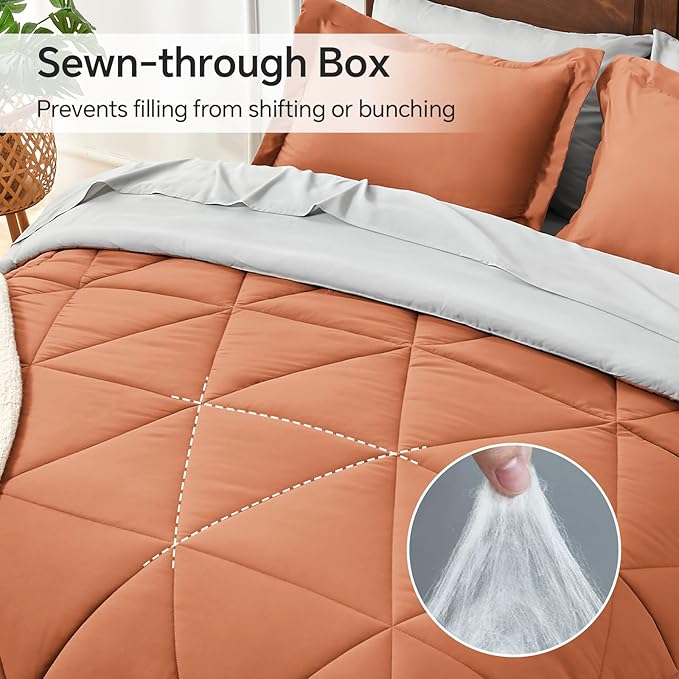 BEDELITE Queen Comforter Set 7 Pieces Bed in A Bag - Soft Microfiber Reversible Burnt Orange Bed Set with Comforters, Sheets, Pillowcases & Shams, Cozy Luxury Bedding Sets for All Season