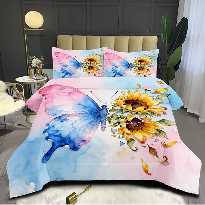 Butterfly Comforter Set Queen 3 Pieces Blue Pink Green Tie Dye Bedding Set for Kids Teens Butterflies Floral Sunflower Comforter with 2 Pillowcases, Super Soft Microfiber All Season