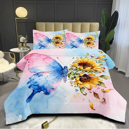 Butterfly Comforter Set Queen 3 Pieces Blue Pink Green Tie Dye Bedding Set for Kids Teens Butterflies Floral Sunflower Comforter with 2 Pillowcases, Super Soft Microfiber All Season