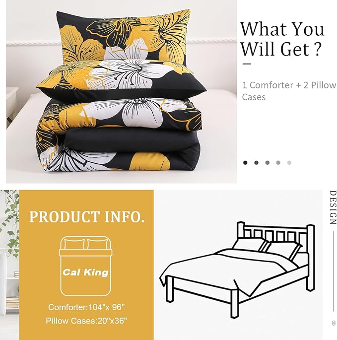 Menghomeus California King Comforter Set Black/Gold Floral Bedding Comforter Sets, Soft Microfiber Bed Set for All Season 3 Piece Botanical Flowers Comforter, Pillowcases