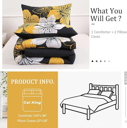 Menghomeus California King Comforter Set Black/Gold Floral Bedding Comforter Sets, Soft Microfiber Bed Set for All Season 3 Piece Botanical Flowers Comforter, Pillowcases