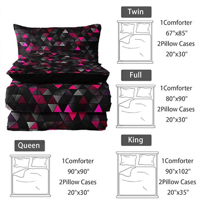 Geometric Pink Black Comforter Set,Triangle Honeycomb 3 PCS Bedding Set Queen Size for Teen Adult,Modern Quilt Set Geometry Decor,Microfiber Lightweight 1 Comforter 2 Pillowcases