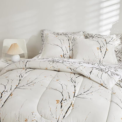 UOZZI BEDDING Cream White Bed in a Bag King 7 pc Branch Style All Season Soft Microfiber Reversible Bed Comforter Set (1 Comforter 2 Pillow Shams 1 Flat Sheet 1 Fitted Sheet 2 Pillowcases)