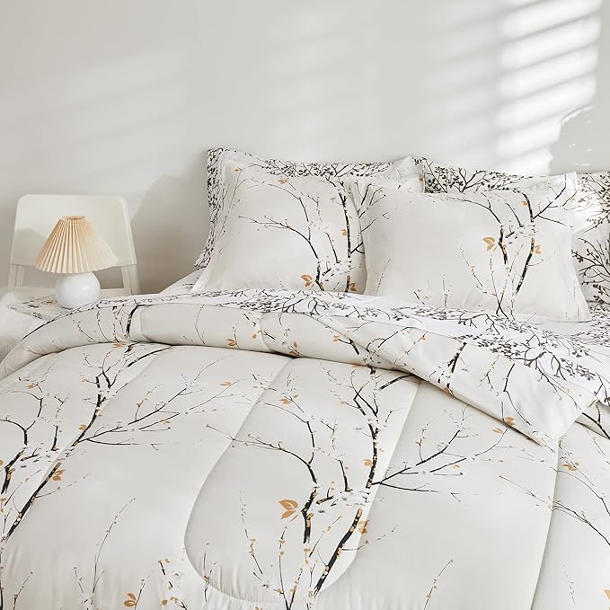 UOZZI BEDDING Cream White Bed in a Bag Twin 6 pc Branch Style All Season Soft Microfiber Reversible Bed Comforter Set (1 Comforter 2 Pillow Shams 1 Flat Sheet 1 Fitted Sheet 1 Pillowcases)