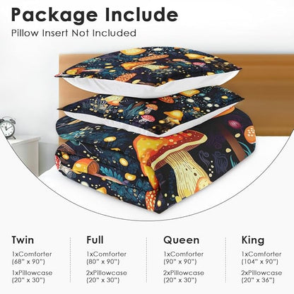 Mushroom Comforter Set for Kids Teens Adults Queen, Orange Green Plant Bedding Sets Water Washed Microfiber Bedding with 1 Comforter 2 Pillowcases All Season
