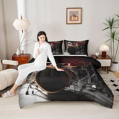 Erosebridal Drum Kit Comforter Set Queen Size Rock Music Theme Duvet Set for Kids Boys Girls Teens Musical Instrument Bedding Set Red Black Drum Kit Hip Hop Quilt Set for Decor Gift