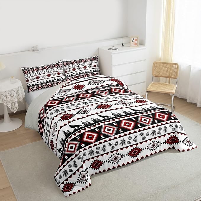 Aztec GeometricComforter Set King Size,Rustic Farmhouse Wolf Kids Bedding Set,Pine Tree Country Quilt Comforter,Red Black Duvet Insert,2 Pillowcases
