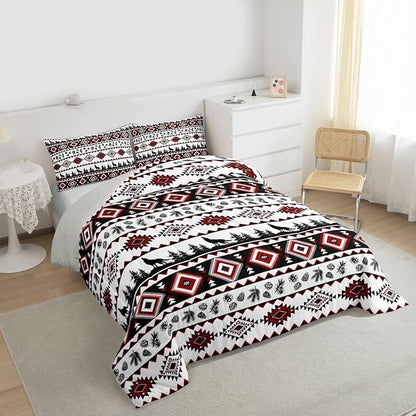 Manfei Aztec Geometric Kids Comforter Set Twin Size,Rustic Farmhouse Wolf Bedding Set for Boys Girls Room Decor,Pine Tree Country Quilt Comforter,Red Black Duvet Set Bedroom Quilt Set,1 Pillowcase