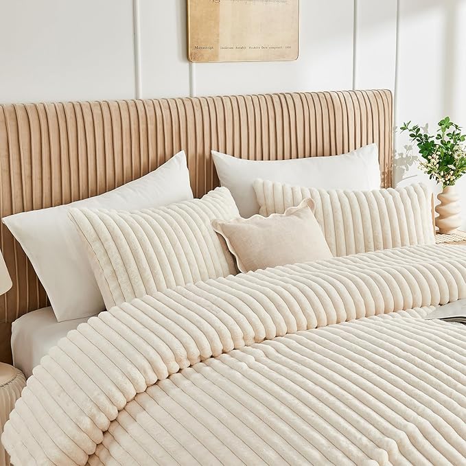 Lotus Karen Faux Fur King Size Comforter Set 3 Pieces – Soft Fluffy White Comforter Full Size, Vertical Striped Faux Rabbit Fur Fuzzy Warm Bedding Set（1 Comforter and 2 Pillowcases）