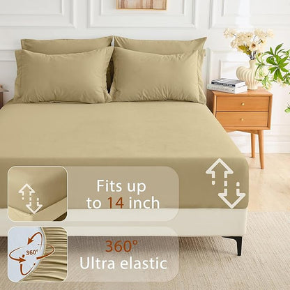 MUXHOMO 7 Pieces Full Comforter Set, Soft Bed in a Bag Full Size, All Season Bedding Set with Comforter, Flat Sheet, Fitted Sheet, Pillowcases & Shams, Khaki