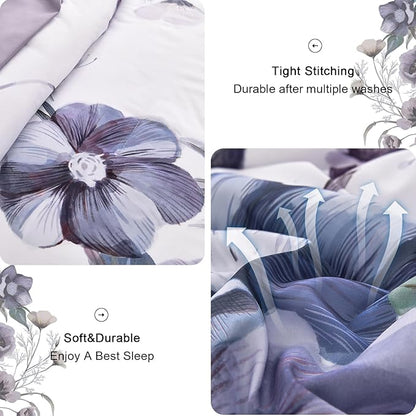 Drucon Floral Comforter Set Queen Size 3 Piece Purple Floral Bed in a Bag, Soft Microfiber Bedding Set for All Season (Purple, 90"x90")
