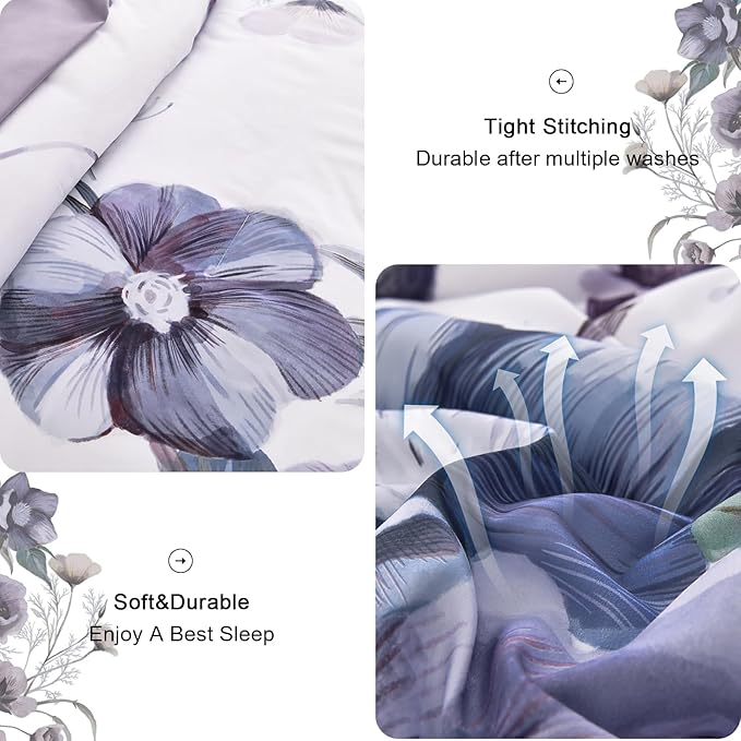 Drucon Floral Comforter Set King Size 3 Piece Purple Floral Bed in a Bag, Soft Microfiber Bedding Set for All Season (Purple, 104"x90")