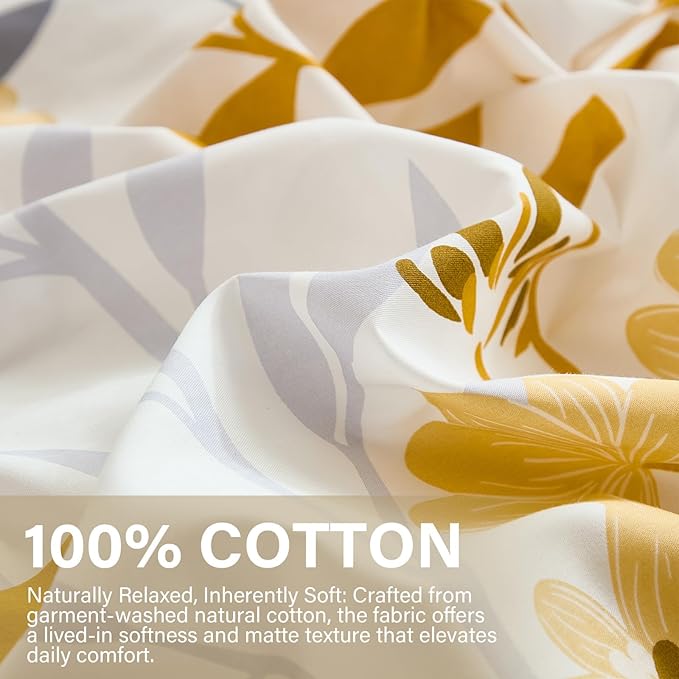 100% Cotton Comforter Set Queen Size – Yellow Floral Bedding Sets 3 Pieces Lightweight Cozy Botanical Bed Comforter, Soft Cottagecore Aesthetic All Season Bedding