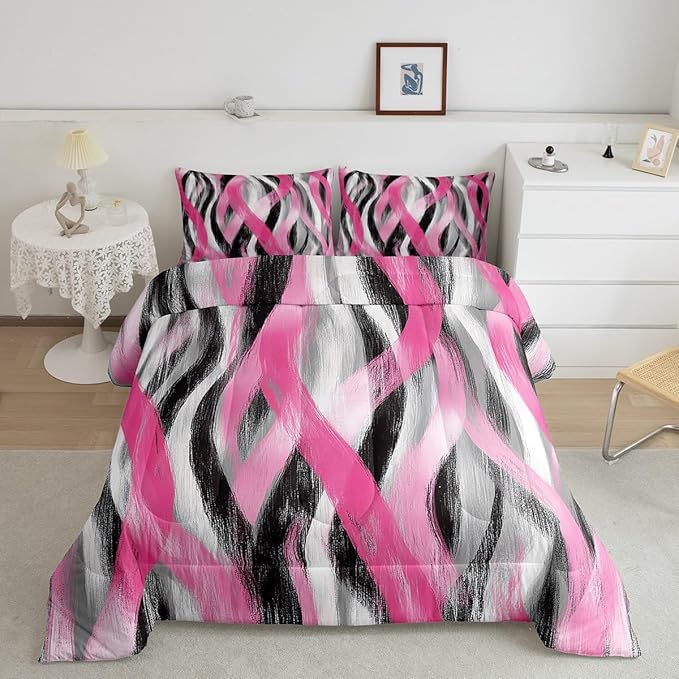 Erosebridal Geometric Striped Comforter Toddler Modern Abstract Comforter Set Black Grey Pink Bedding Set for Kids Girls Teen Women Swirl Lines Quilt Duvet Room Decor 2 Pcs