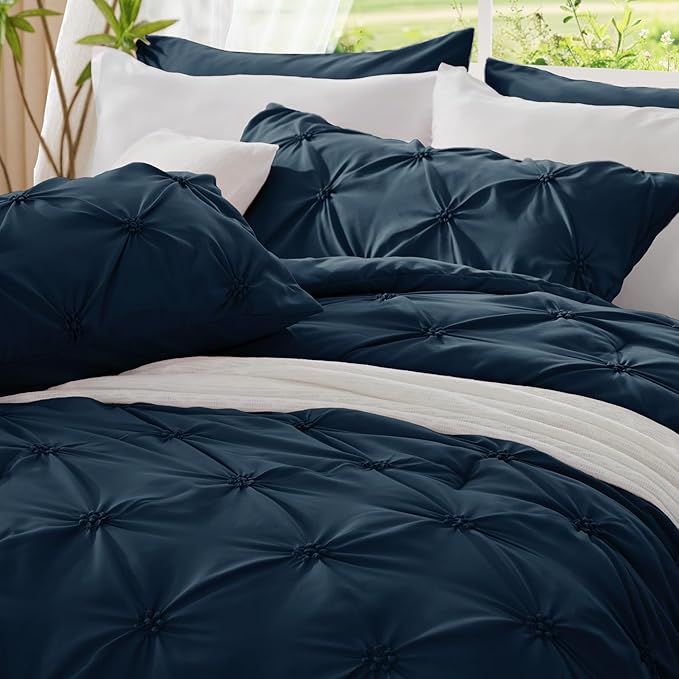 BEDELITE Navy King Size Comforter Set - 3 Pieces Boho Pintuck Bedding Comforter Sets, Lightweight Soft & Warm King Bedding Set with 2 Pillowcases for All Season