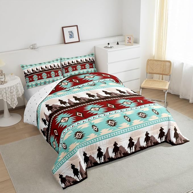 Feelyou Boho Comforter Set Toddler Size Horses Comforter Southwestern Native Aztec Bedding Set Farmhouse Wildlife Duvet Set Room Decor Light Blue Quilt Set