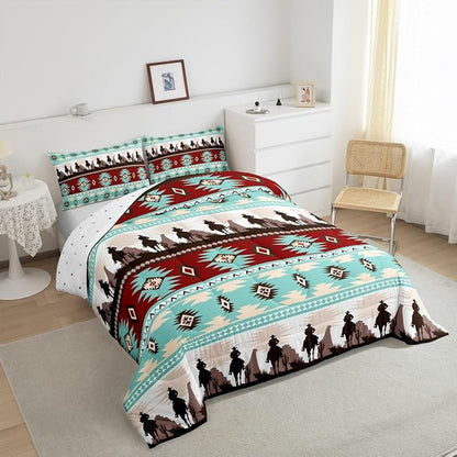 Feelyou Boho Comforter Set Full Size Horses Comforter Southwestern Native Aztec Bedding Set Farmhouse Wildlife Duvet Set Room Decor Light Blue Quilt Set