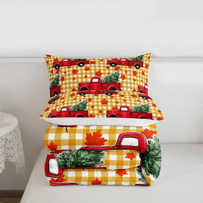 Erosebridal Christmas Comforter Set Queen, Red Truck Down Comforter, Xmas Tree Maple Leaves Bedding Set, Yellow Lattice Grid Bedding Comforters & Sets, Autum Quilt Set for Kids Teens Bedroom Decor