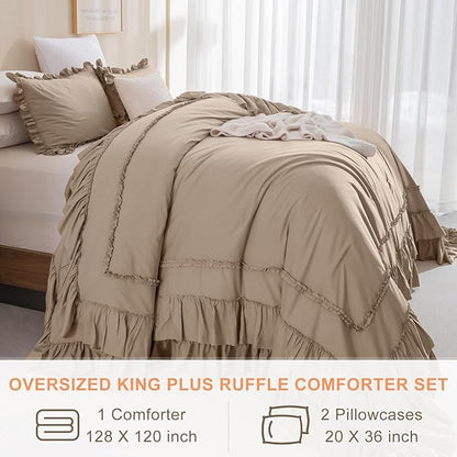 QSH 3PCs Light Taupe Oversized California King Ruffled Bed Comforter Set 128x120, Farmhouse Vintage Chic Comforter French Country Shabby Comforter Soft Microfiber Fluffy Bedding Set