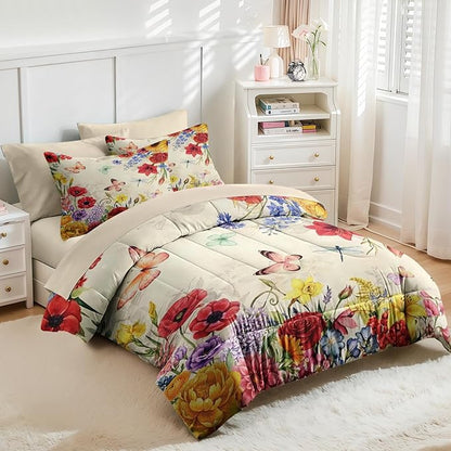 Nesker 7 Pcs Spring Comforter Set King Size, Floral Butterfly Bedding Set for Kids and Adults, Poppy Rose Bed Sheet Sets with Fitted Sheet 2 Pillowcases & 2 Shams