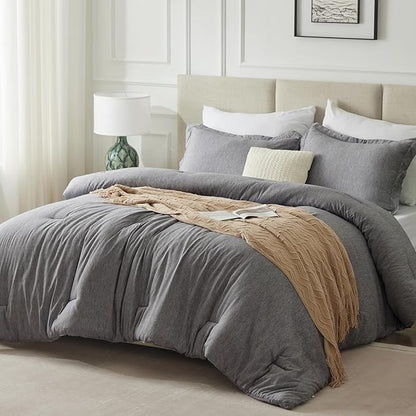 CozyLux Queen Comforter Set - 3 Pieces Grey Soft Luxury Cationic Dyeing Queen Comforter for All Season, Gray Breathable Lightweight Fluffy Bedding Sets with 1 Comforter and 2 Pillow Shams
