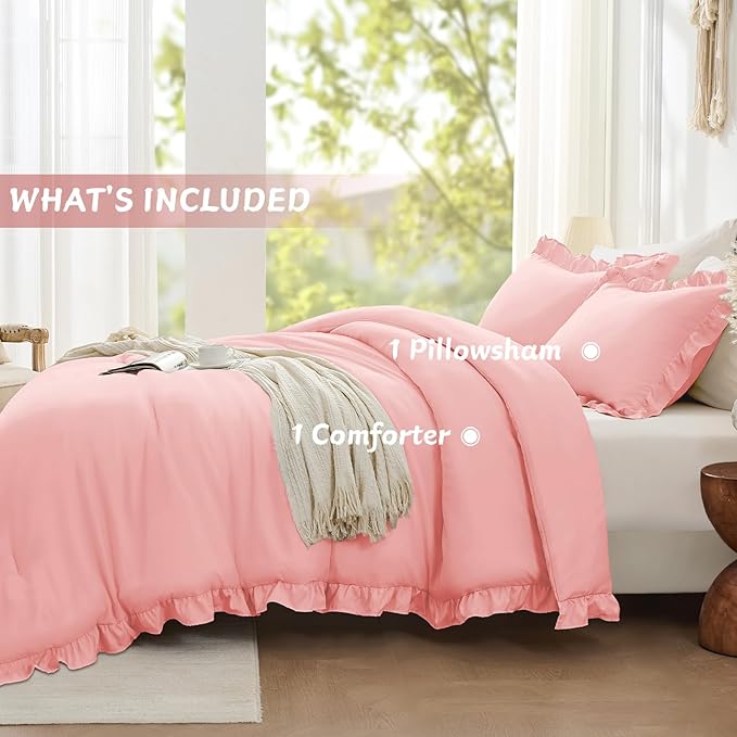 FUANNA Twin Comforter Set Pink, 2 Pieces Ruffle Twin Bed Set, Fluffy Twin Bedding Sets for All Seasons, Farmhouse Bed in a Bag with 1 Comforter & 1 Pillowsham