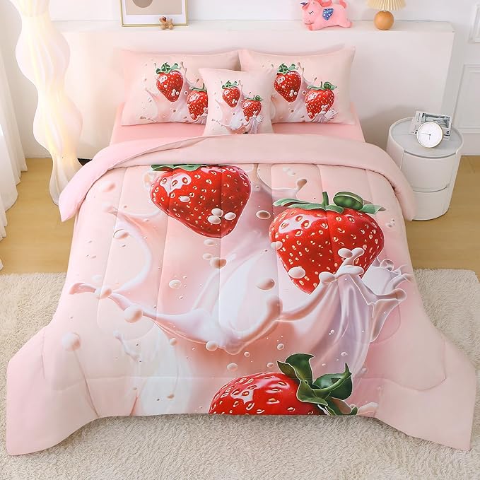 JQinHome Full Strawberry Themed Comforter Sets for Girls,6 Piece Bed in A Bag - All Season Soft Microfiber Strawberry Bedding Set, with Sheet Sets