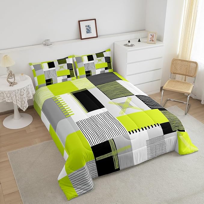 Erosebridal Lime Green Grey Comforter Set Full Black White Abstract Bedding Set for Kids Boys Teen Men Geometric Square Quilt Grids Checkered Duvet Insert Modern Fashion Room Decor 3 Pcs