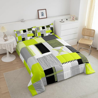 Erosebridal Lime Green Grey Comforter Set Full Black White Abstract Bedding Set for Kids Boys Teen Men Geometric Square Quilt Grids Checkered Duvet Insert Modern Fashion Room Decor 3 Pcs