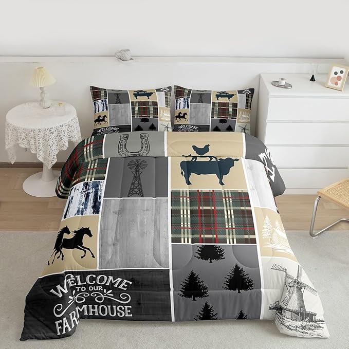 Erosebridal Horse Comforter Set for Boys, Rustic Cabin Patchwork Bedding Set Full Size, Western Cowboys Cowgirls Bedding Comforter Sets Farm Animal Windmill Patchwork Duvet Insert Southwestern Decor