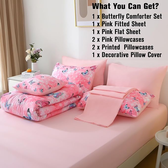 JQinHome 8 Pc Butterfly Comforter Set Queen, 3D Pink Flower Printed Bedding Set for Girls Women, All Season Microfiber Butterfly Theme Home Decor Bedding with Sheet Sets