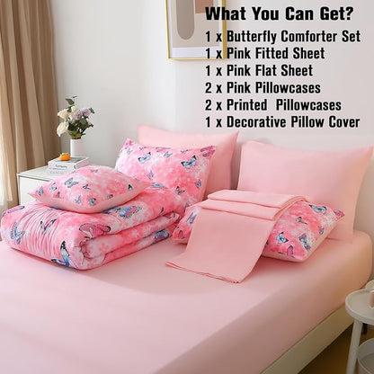 JQinHome 8 Pc Butterfly Comforter Set Queen, 3D Pink Flower Printed Bedding Set for Girls Women, All Season Microfiber Butterfly Theme Home Decor Bedding with Sheet Sets