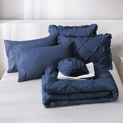 JOLLYVOGUE Navy Blue Twin Size Comforter Sets 5 Pieces, Pintuck Bed in a Bag Comforter Set for Bedroom, Bedding Comforter Sets with Comforter, Sheets,Ruffled Shams & Pillowcases