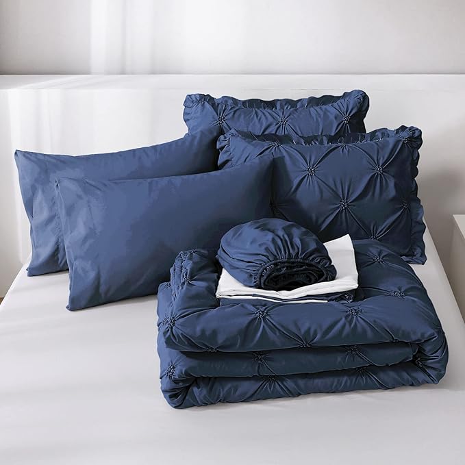 JOLLYVOGUE Navy Blue Cal King Size Comforter Sets 7 Pieces, Pintuck Bed in a Bag Comforter Set for Bedroom, Bedding Comforter Sets with Comforter, Sheets,Ruffled Shams & Pillowcases