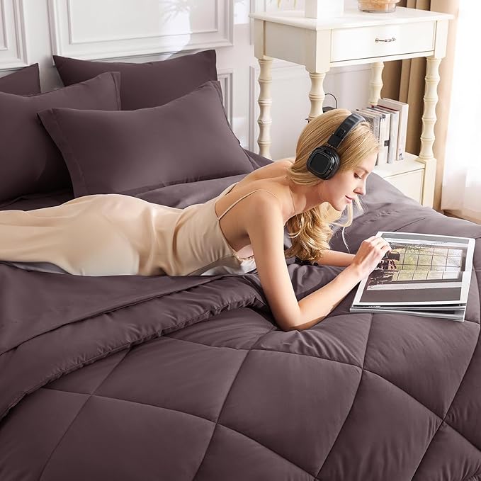 CozyLux Full Size Comforter Sets Cocoa Powder - 7 Pieces Bed in a Bag Full, Luxury Soft Bed Set for All Seasons, Bedding Set with Down Alternative Comforter, Sheets, Pillowcases & Shams